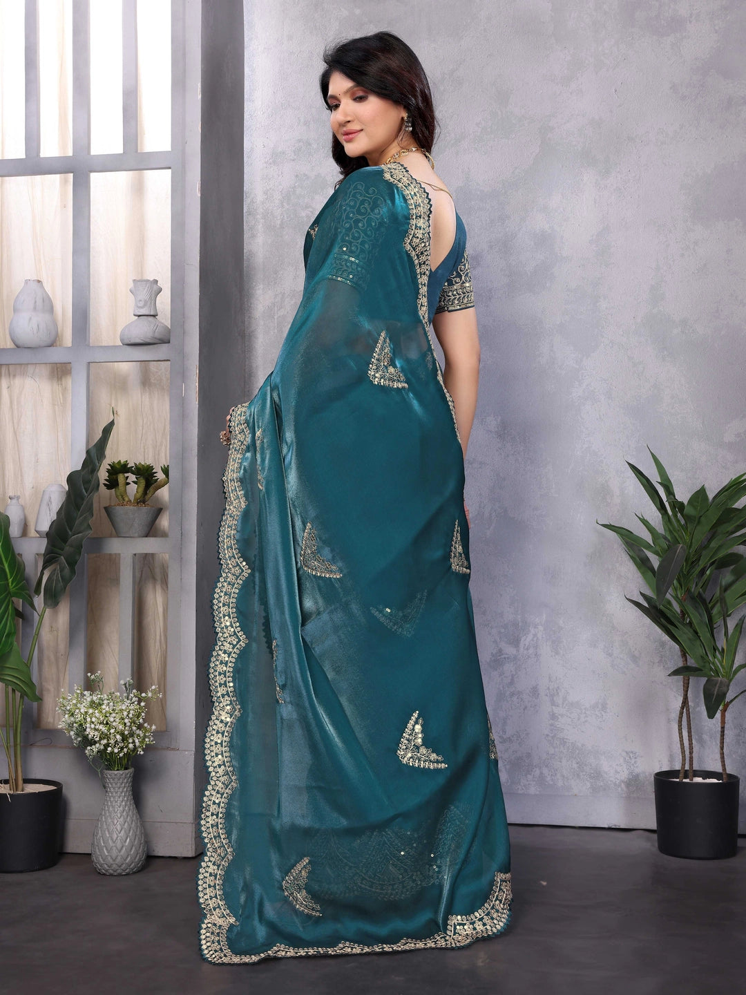 Shimmer Chiffon Teal Blue Embroidery Work Saree - Rheycart