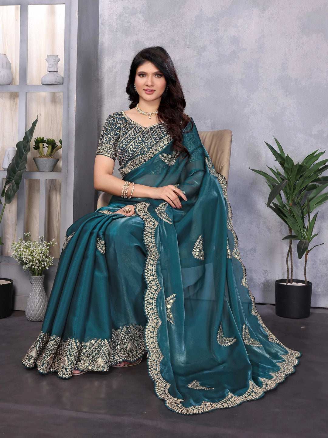 Shimmer Chiffon Teal Blue Embroidery Work Saree - Rheycart