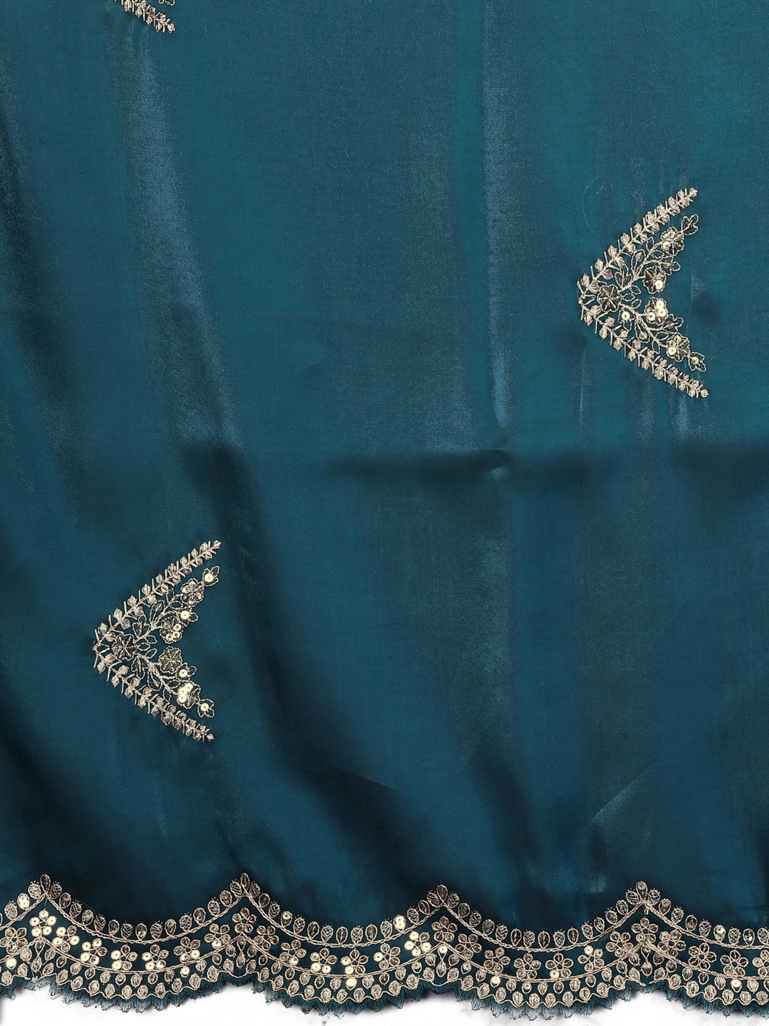 Shimmer Chiffon Teal Blue Embroidery Work Saree - Rheycart