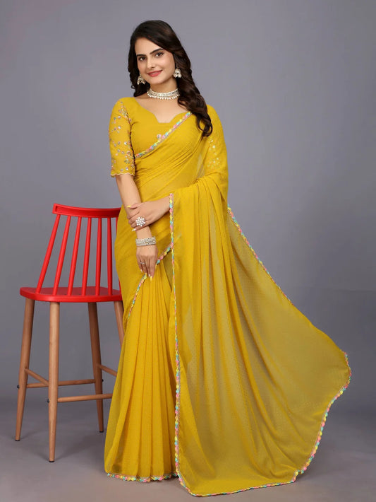 Yellow Plain Georgette Bollywood Saree For Women