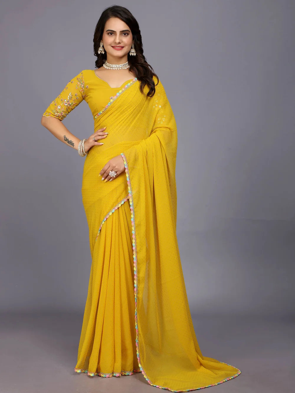 Yellow Plain Georgette Bollywood Saree For Women