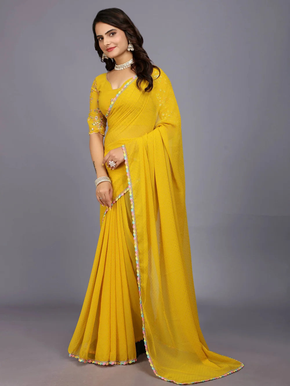 Yellow Plain Georgette Bollywood Saree For Women
