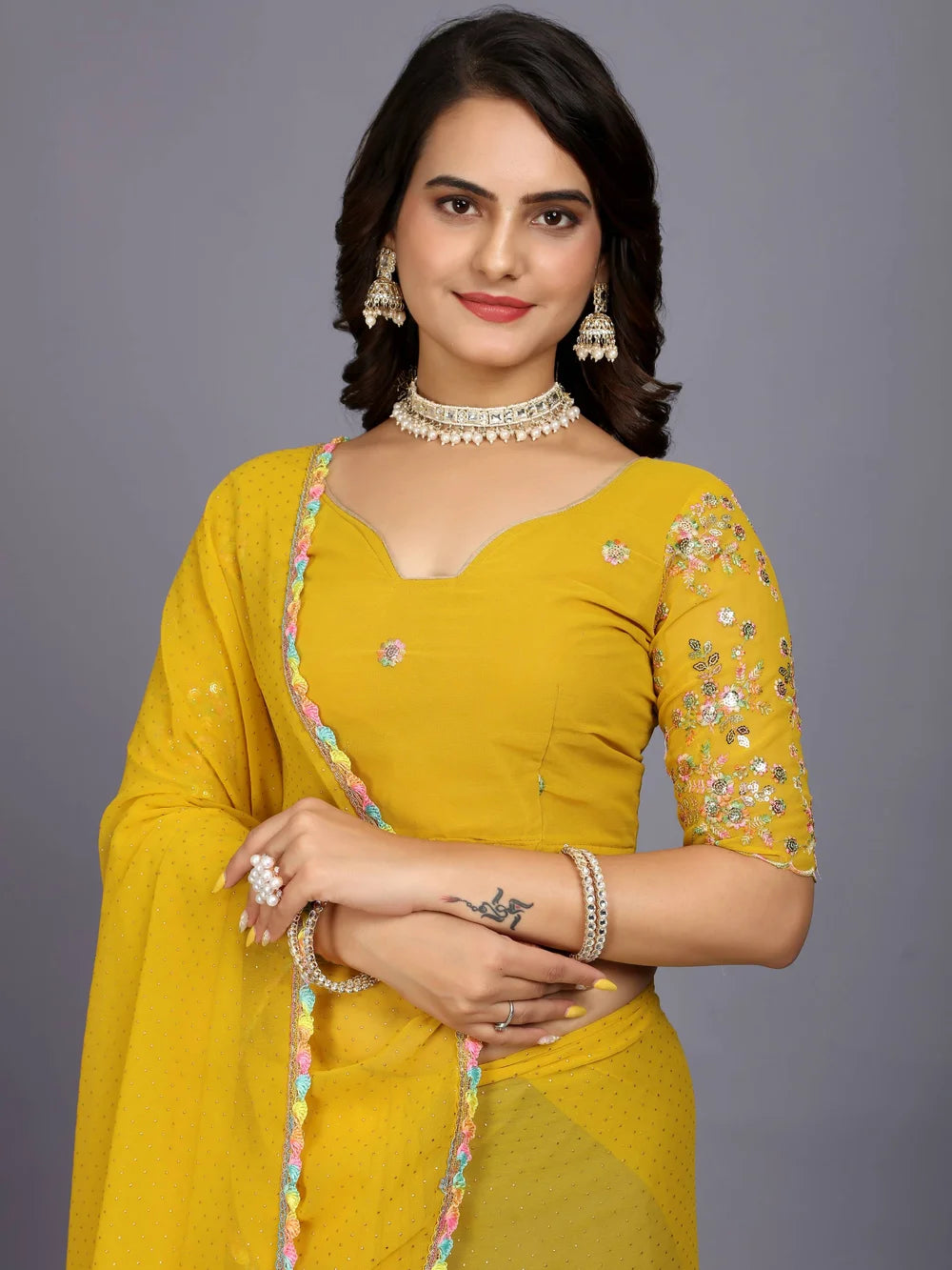 Yellow Plain Georgette Bollywood Saree For Women