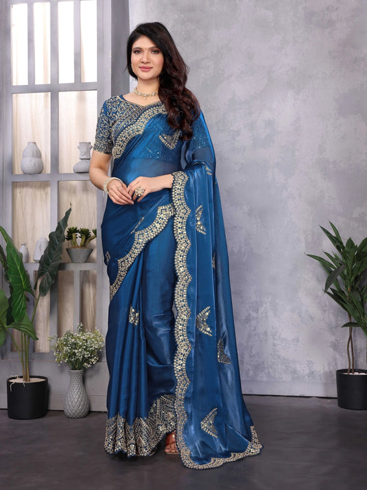 Royal Blue Chiffon Saree With Embroidery Work - Rheycart