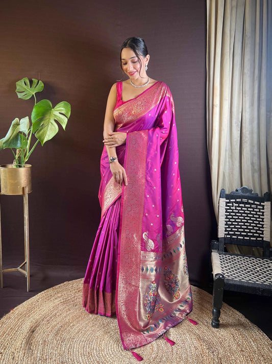Deep Fuchsia Pink Woven Paithani Silk Saree - Rheycart