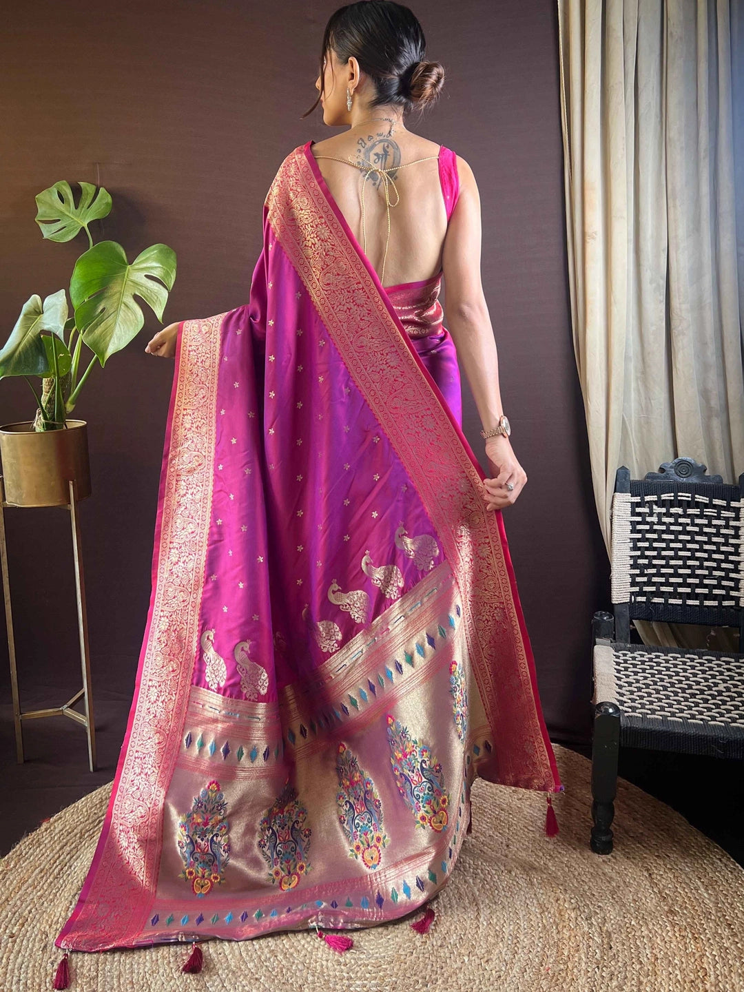 Deep Fuchsia Pink Woven Paithani Silk Saree - Rheycart