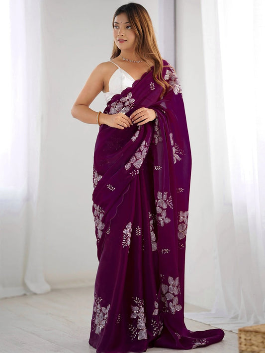 Jimmy Choo Bollywood Style Wine Chiffon Saree - Rheycart