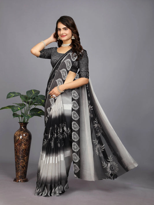 Black Ethnic Motifs Printed Chiffon Saree