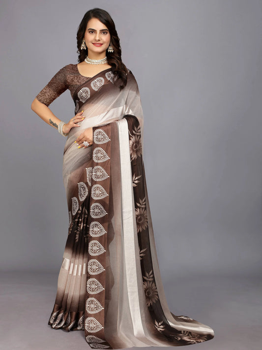 Brown Ethnic Motifs Printed Chiffon Saree