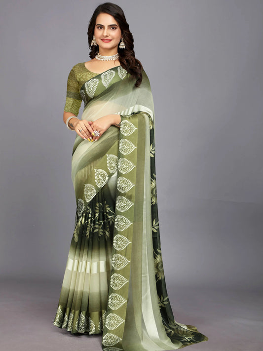 Green Ethnic Motifs Printed Chiffon Saree