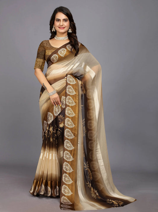Beige Ethnic Motifs Printed Chiffon Saree