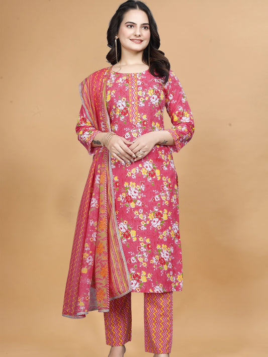 Red Cotton Daily Wear Kurti Set With Dupatta - Rheycart