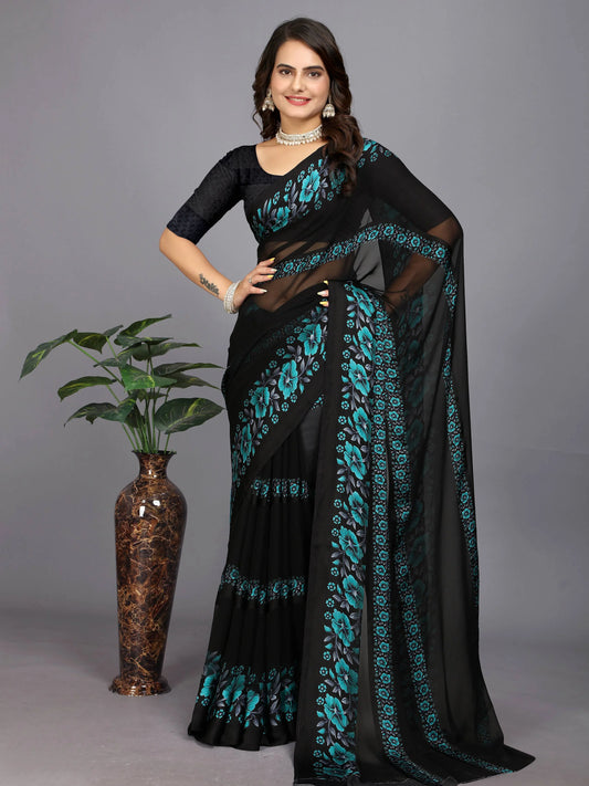 Blue Floral Print Daily Wear Chiffon Saree For Women