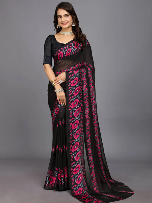 Pink Floral Printed Daily Wear Chiffon Saree