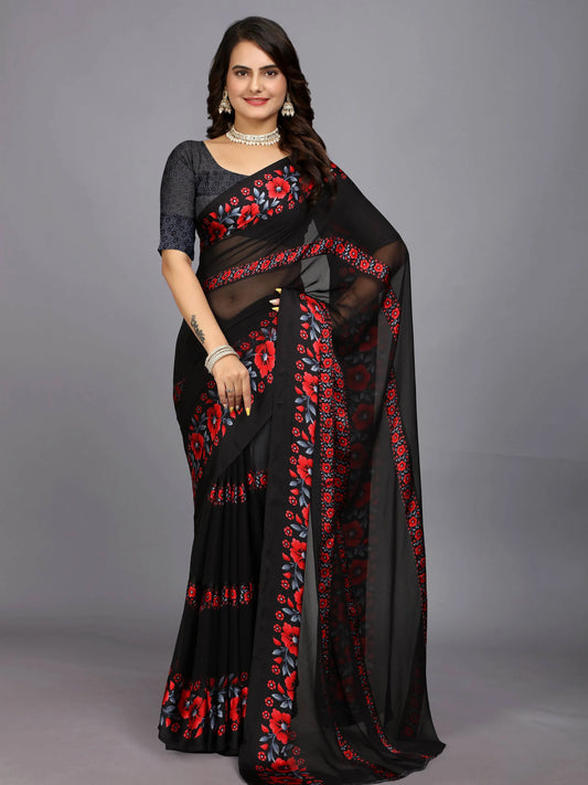 Red And Black Floral Print Daily Wear Chiffon Saree