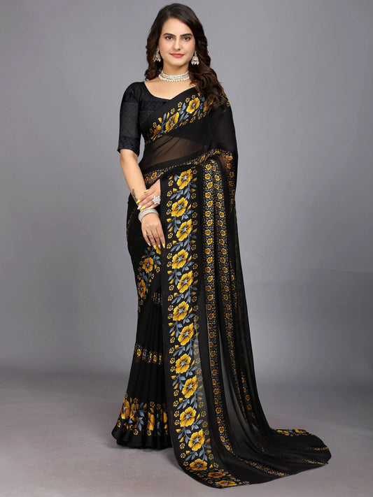 Yellow And Black Floral Printed Daily Wear Chiffon Saree