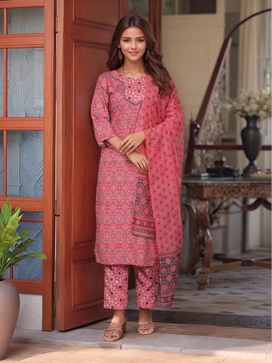 Pink Printed Rayon Slub Kurta Set With Dupatta - Rheycart