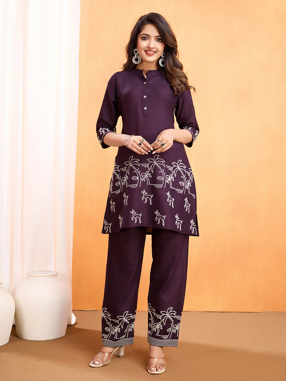 Ethnic Embroidered Wine Viscose Rayon Co-ord Set - Rheycart