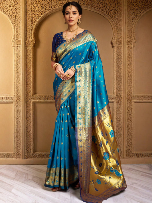 Blue Zari Work Silk Saree with Elegant Border - Rheycart