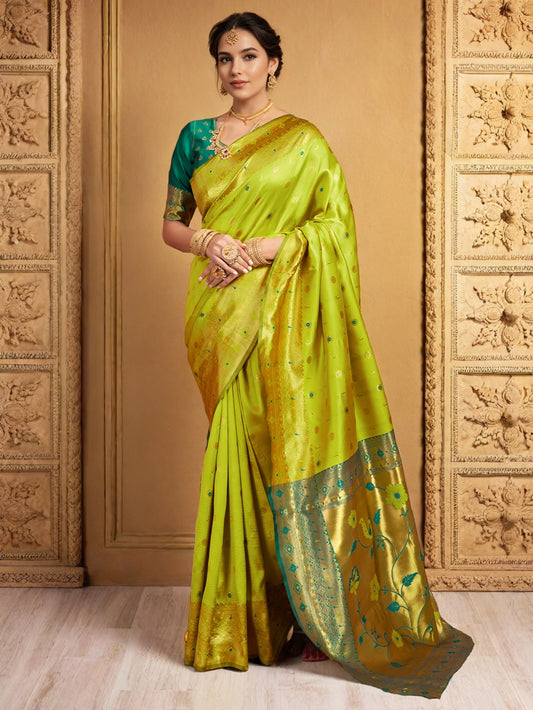 Lime Green Silk Saree with Paithani Zari Work and Motifs - Rheycart