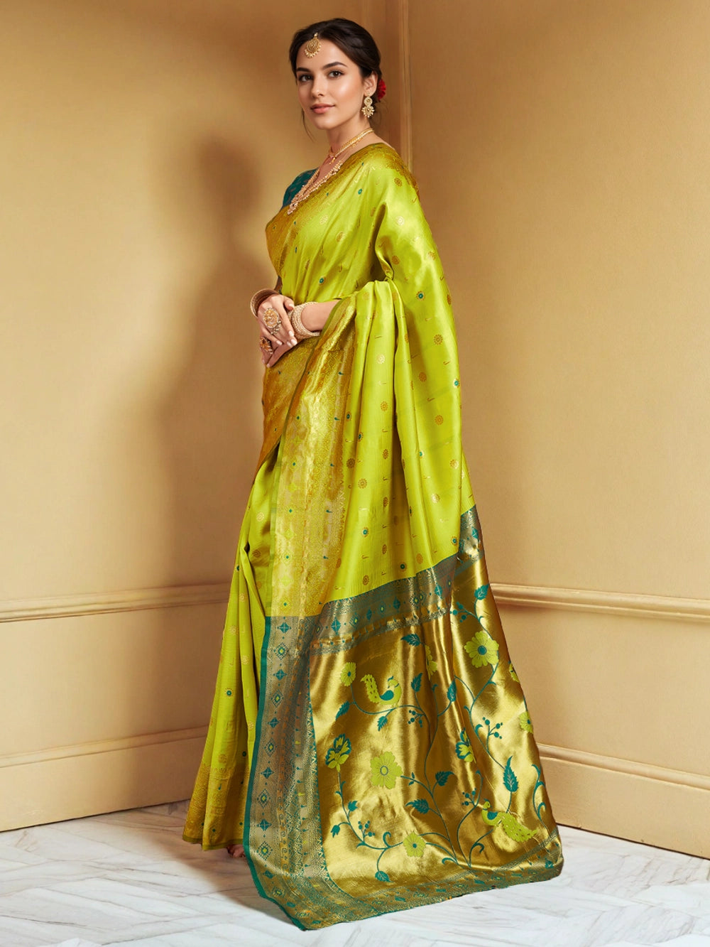 Lime Green Silk Saree with Paithani Zari Work and Motifs - Rheycart