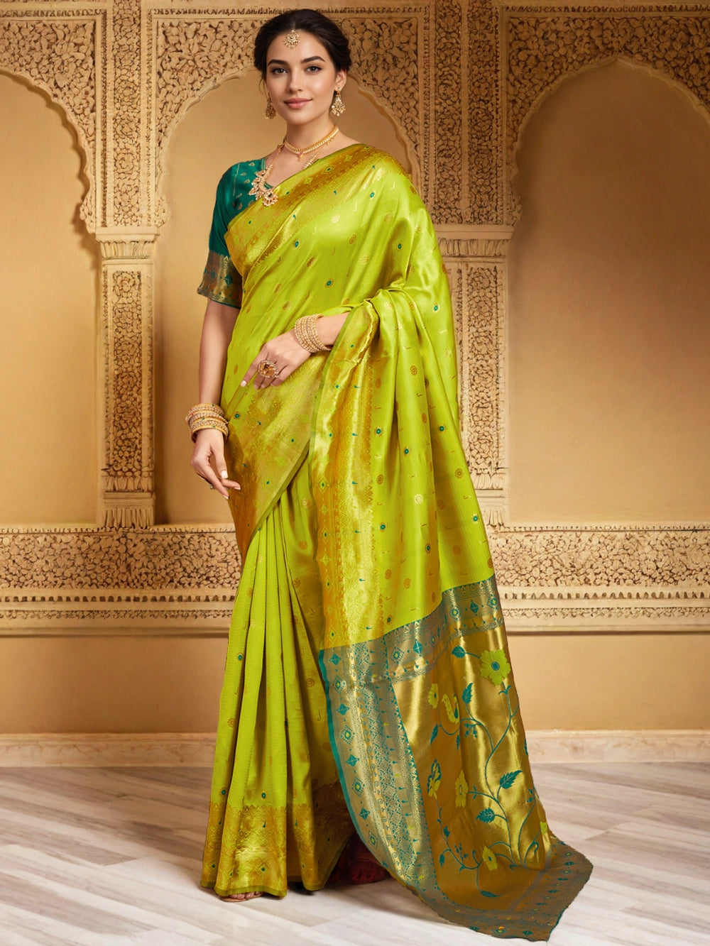 Lime Green Silk Saree with Paithani Zari Work and Motifs - Rheycart