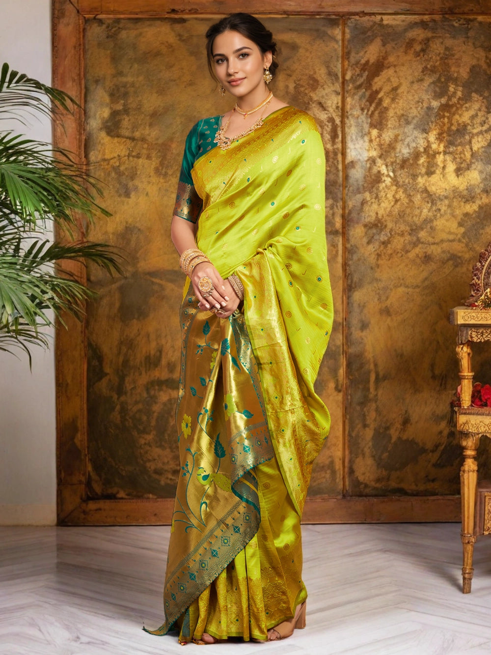 Lime Green Silk Saree with Paithani Zari Work and Motifs - Rheycart