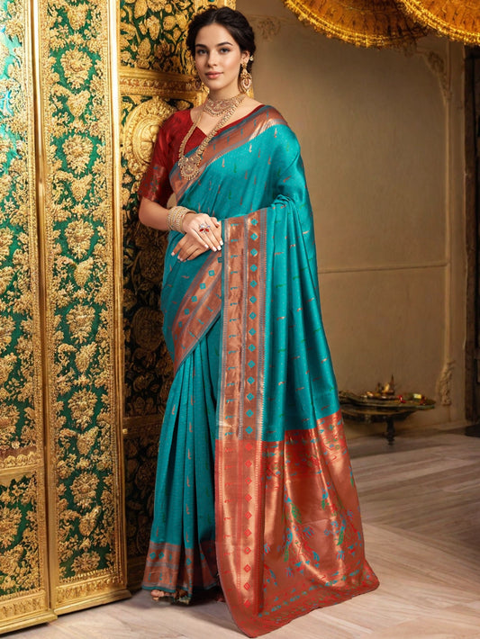 Turquoise Blue Paithani Saree With Peacock Motif Pallu - Rheycart