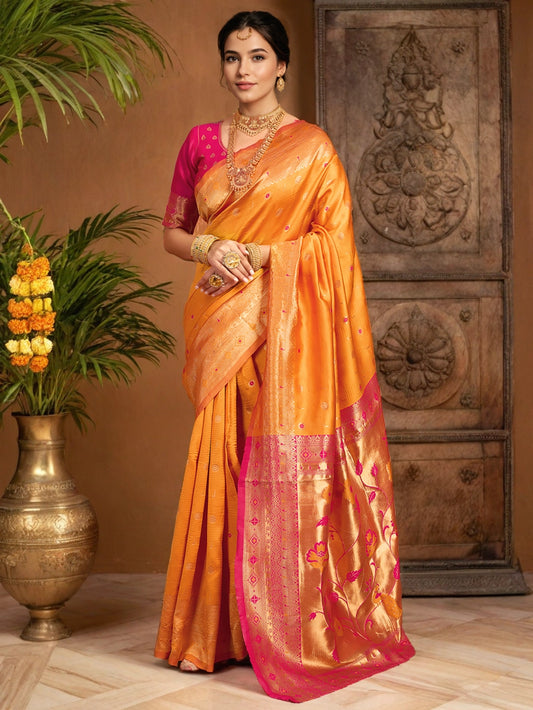 Orange Paithani Silk Saree With Zari Weaving - Rheycart