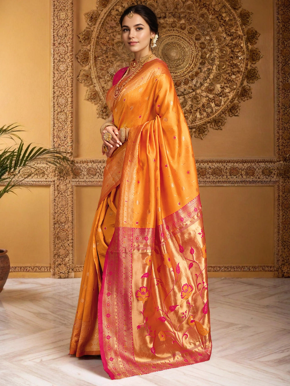 Orange Paithani Silk Saree With Zari Weaving - Rheycart