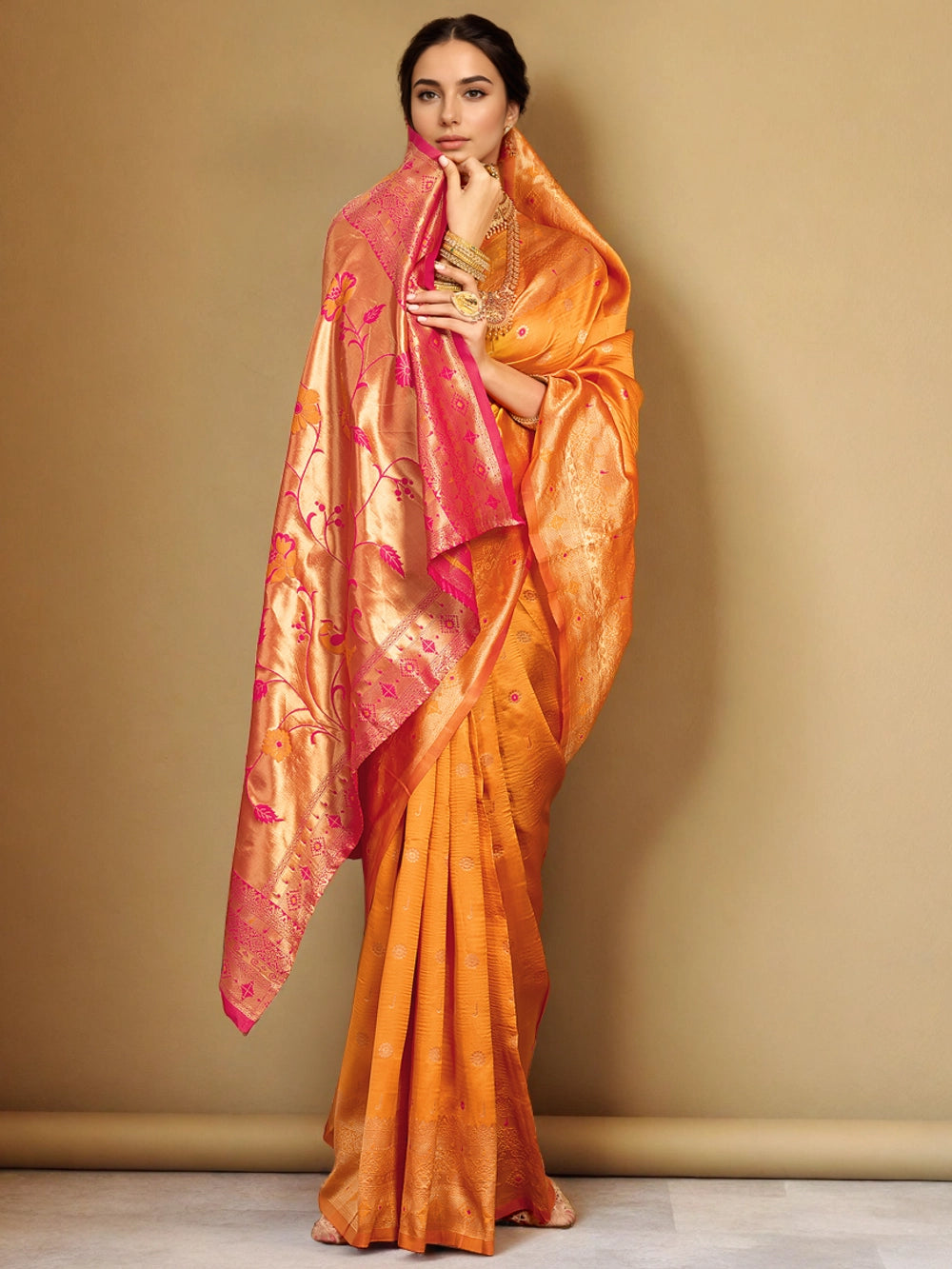 Orange Paithani Silk Saree With Zari Weaving - Rheycart