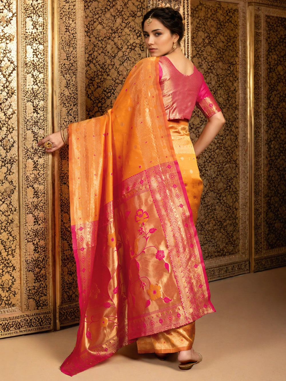 Orange Paithani Silk Saree With Zari Weaving - Rheycart