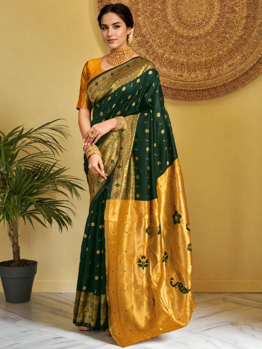 Dark Green Silk Blend Peacock Design Pallu Paithani Saree - Rheycart