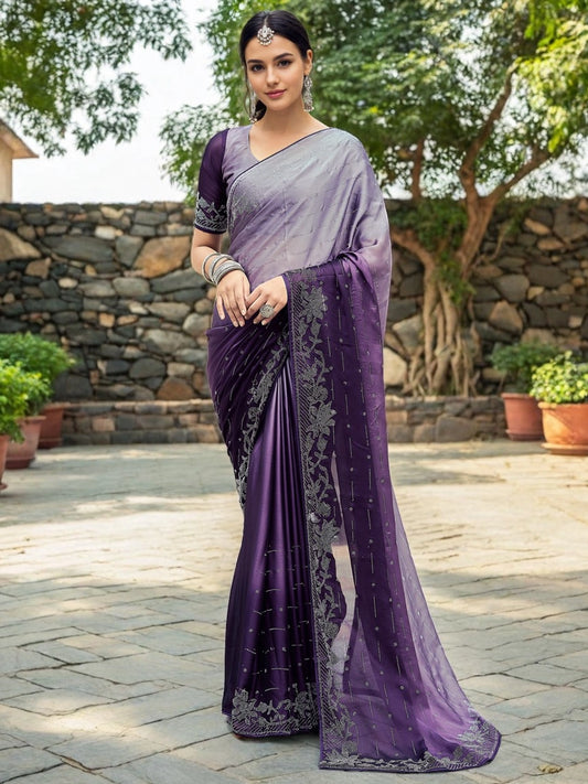 Purple Embellished Silk Saree With Unstitched Blouse - Rheycart