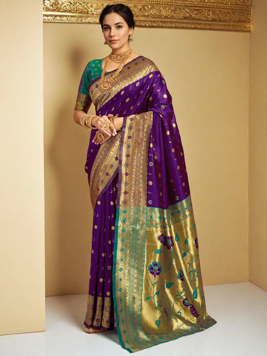 Zari Weaving Silk Blend Purple Paithani Saree - Rheycart