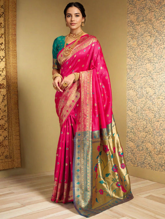 Rani Pink Silk Saree with Gold Zari Weaving Design - Rheycart