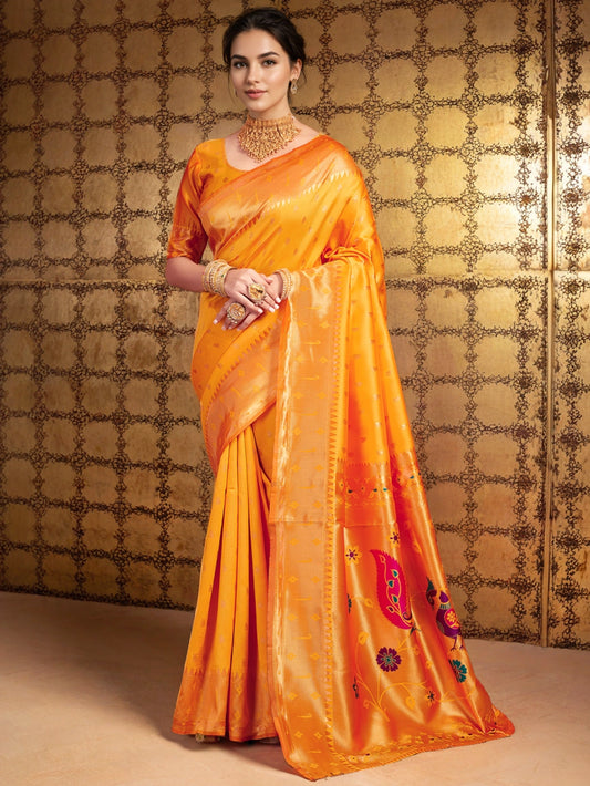 Golden Zari Woven Orange Silk Saree with Peacock Motif - Rheycart