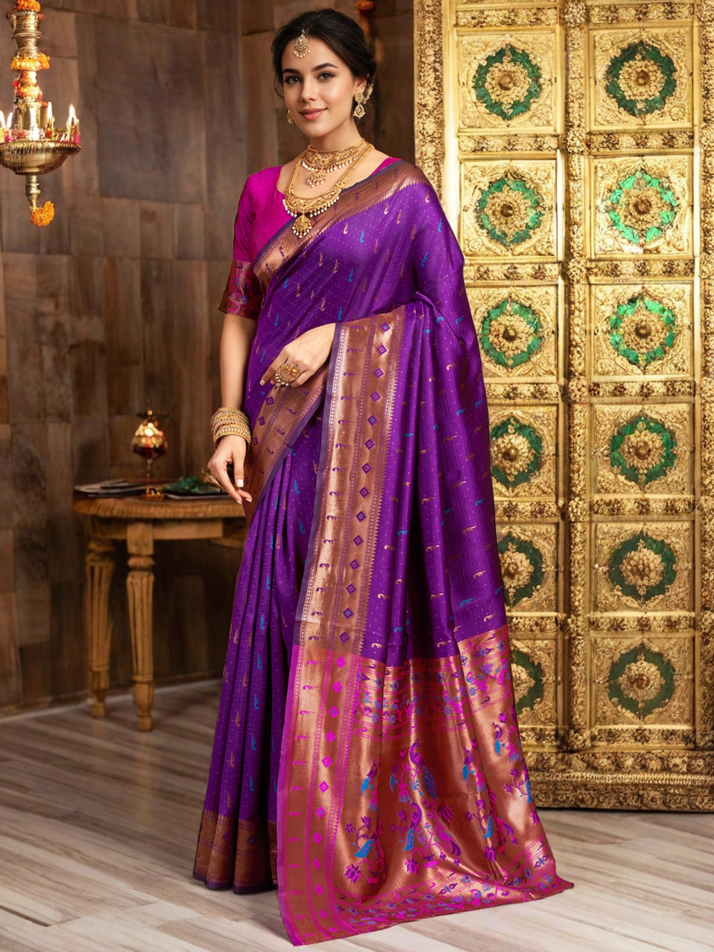 Peacock Motif Pallu Purple Silk Blend Saree - Rheycart
