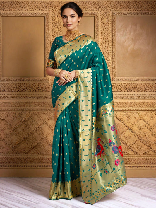 Silk Blend Green Zari Weaving Paithani Saree - Rheycart