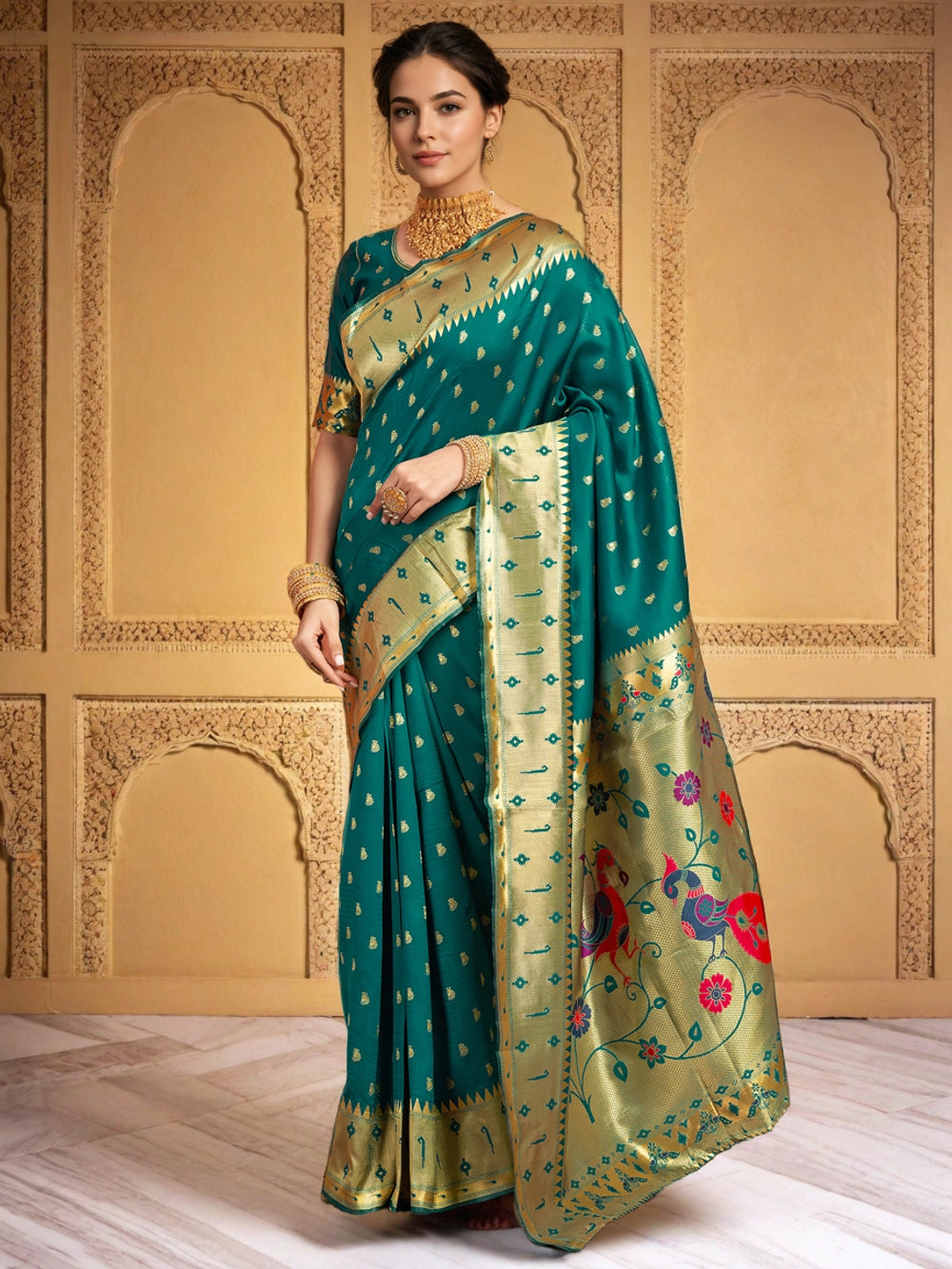 Silk Blend Green Zari Weaving Paithani Saree - Rheycart