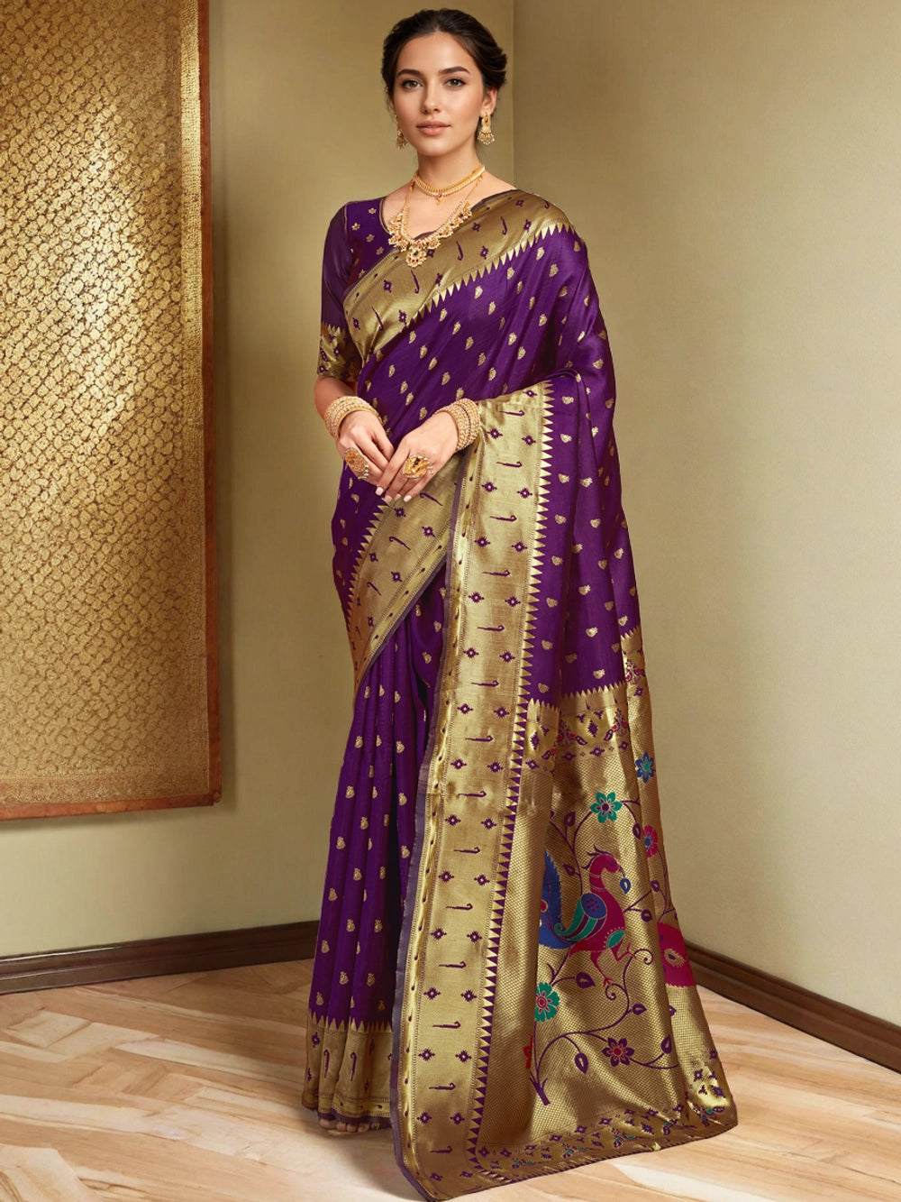 Zari Weaving Silk Blend Purple Paithani Saree - Rheycart