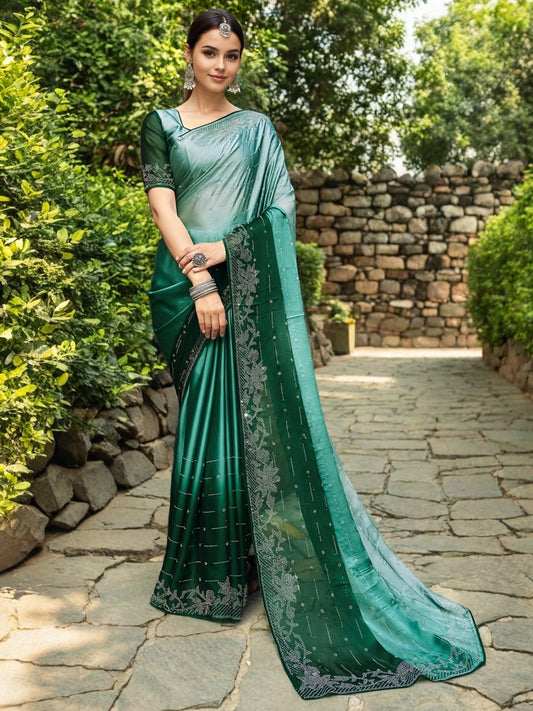 Stone Embellished Pastel Green Silk Saree For Women - Rheycart