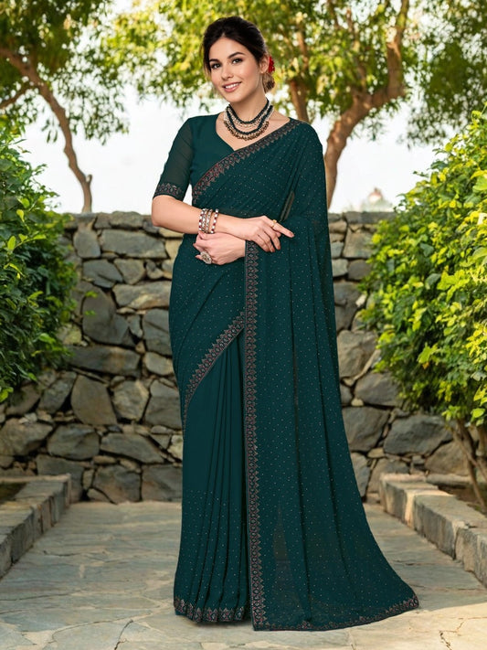 Green Georgette Saree With Unstitched Blouse - Rheycart