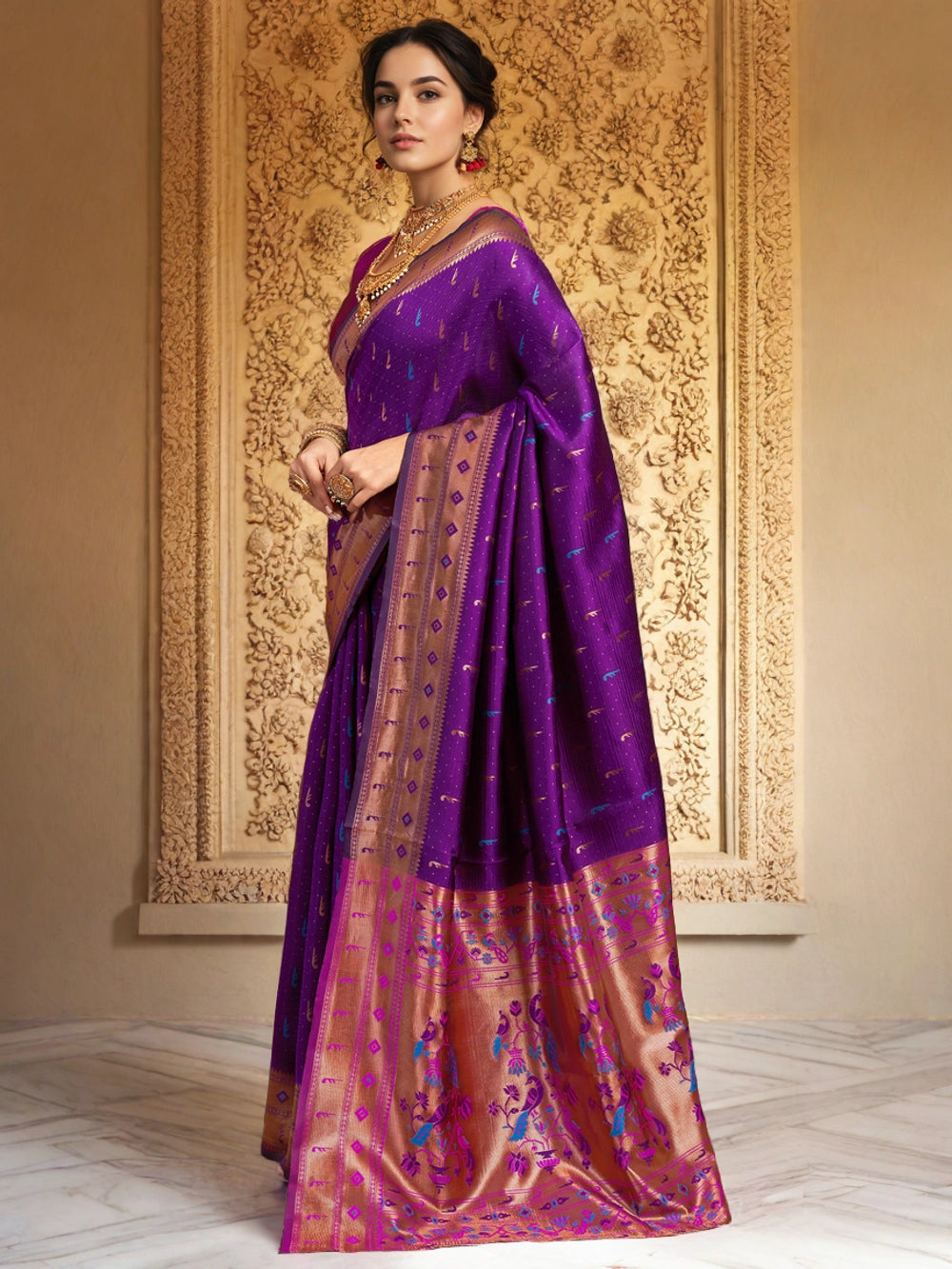 Peacock Motif Pallu Purple Silk Blend Saree - Rheycart