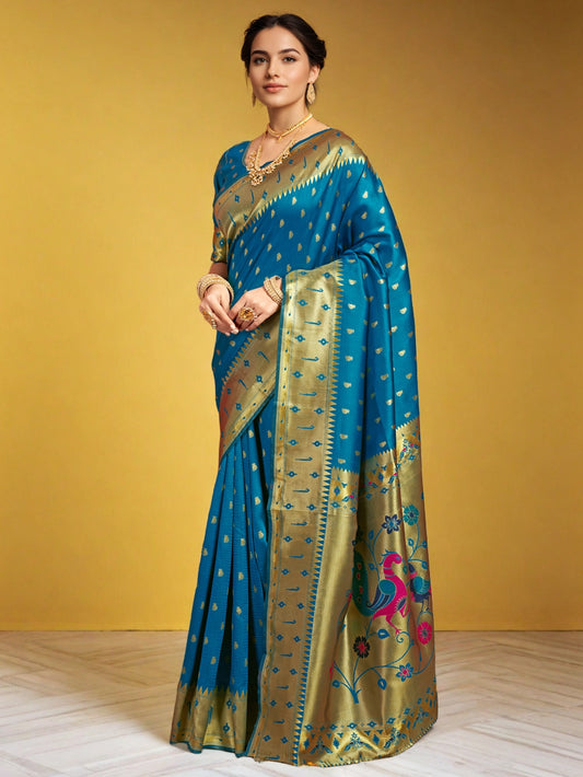 Blue Woven Paithani Silk Saree For Women - Rheycart