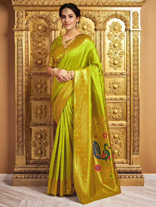 Woven Silk Blend Lime Green Paithani Saree - Rheycart