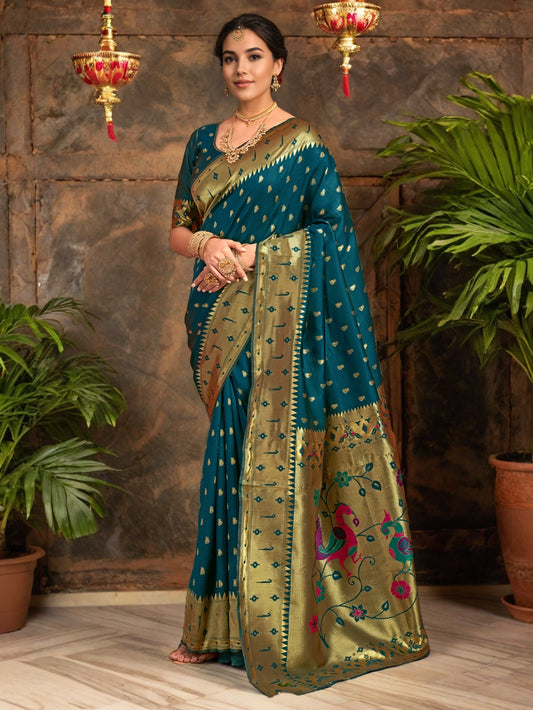 Teal Paithani Silk Saree With Zari Weaving - Rheycart