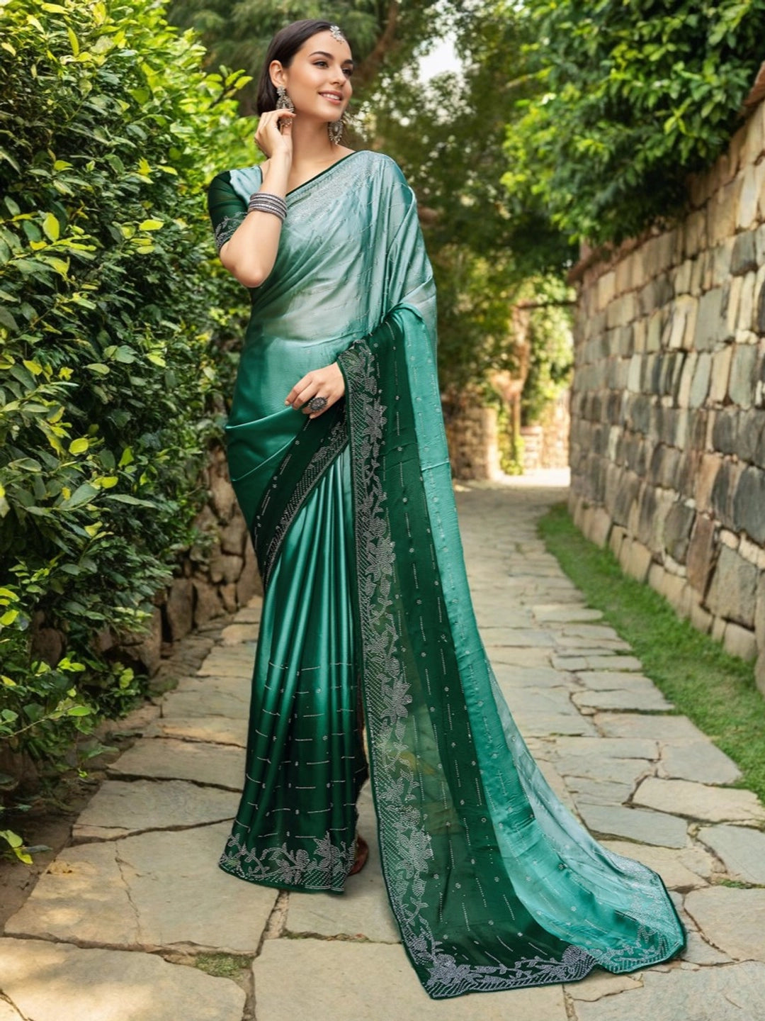 Stone Embellished Pastel Green Silk Saree For Women - Rheycart