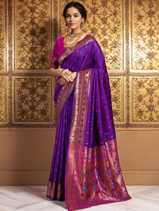 Peacock Motif Pallu Purple Silk Blend Saree - Rheycart