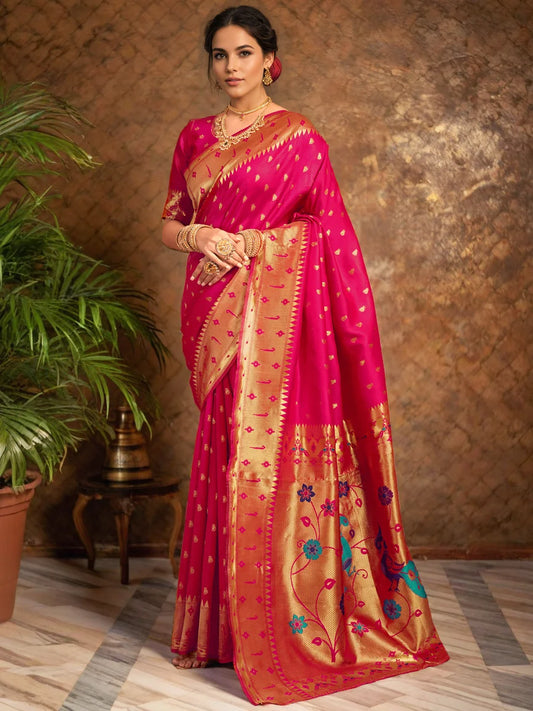 Rani Pink Silk Zari Weaving Saree For Women's